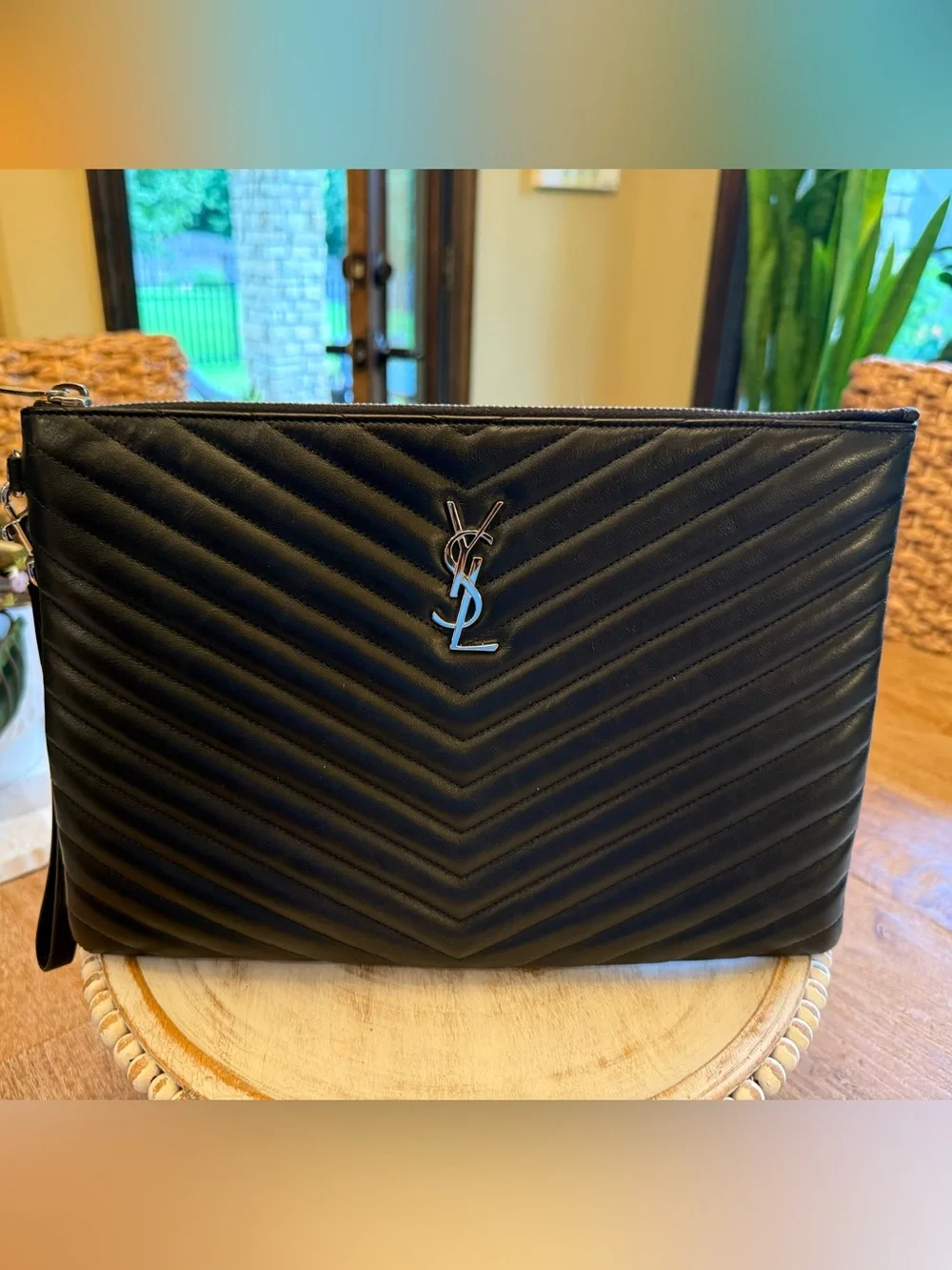 SAINT LAURENT Calfskin Matelasse Chevron Monogram Document Holder Black